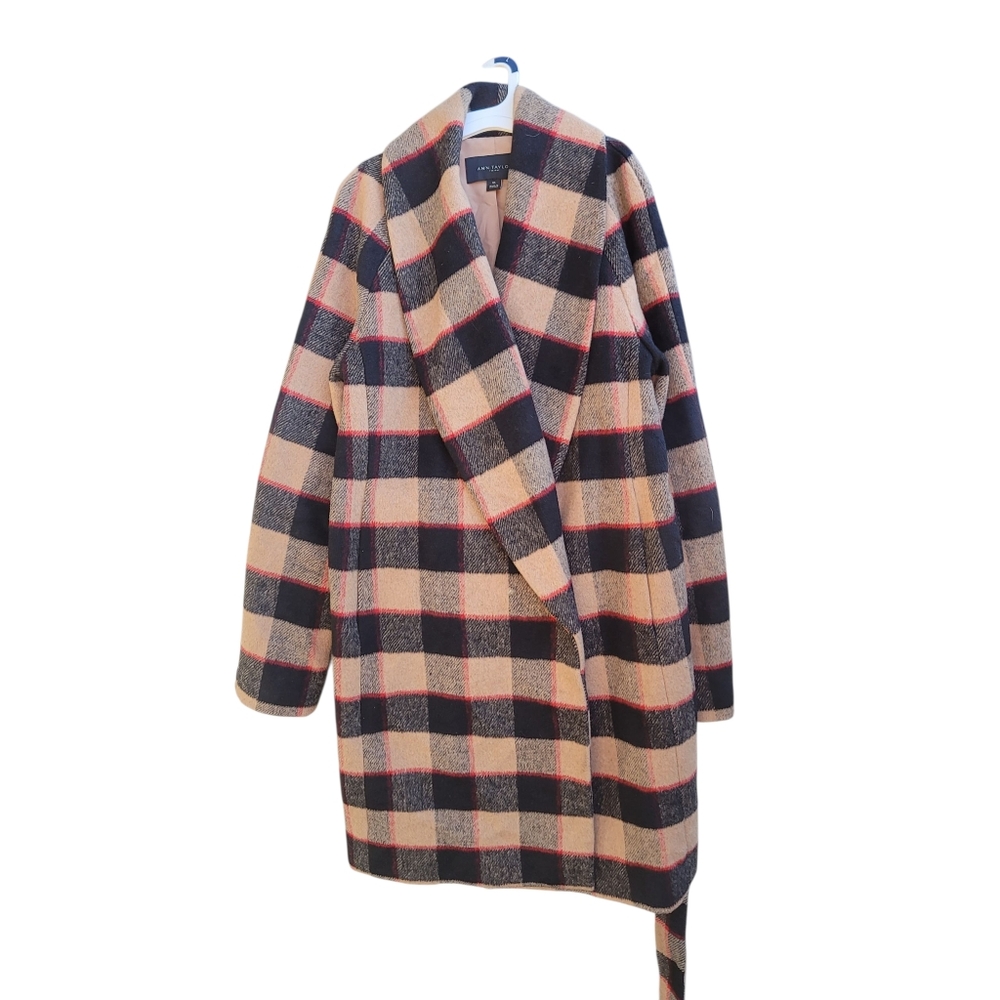Ann Taylor Buffalo Plaid Wool Belted Shawl Collar Coat - Picture 3 of 7